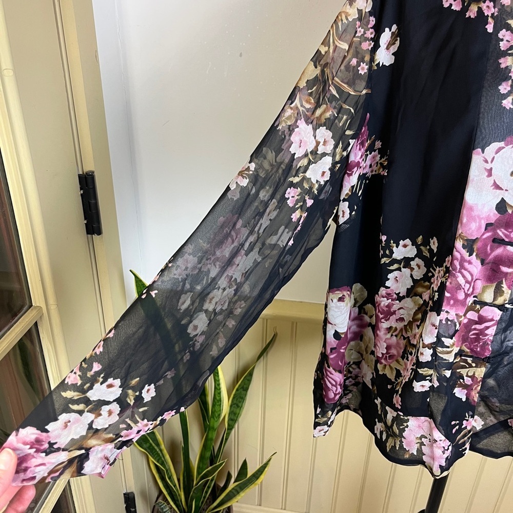 Vintage Silk Floral Blouse 3X Sheer Sleeve Frog Closure Goth Boho - Picture 5 of 12